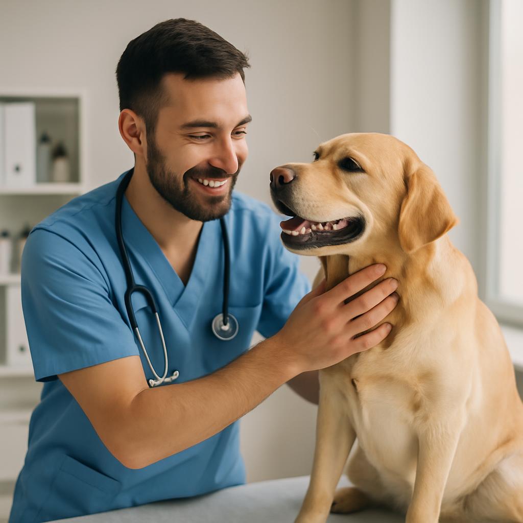 Here is the alt text: Un veterinario felice può esaminare un anziano cane domenicano.