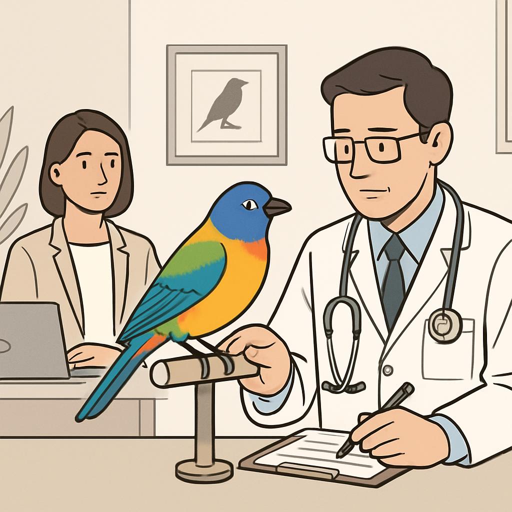 A cartoon Doctor-like veterinarian examines a colorful bird while a woman using her laptop looks on. The doctor is holding...