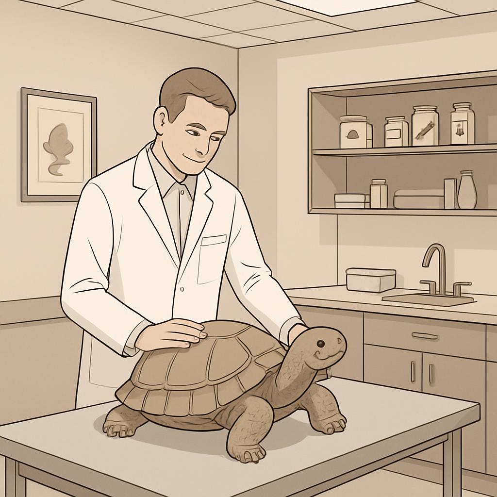 A cartoon doctor conducts a veterinary examination on a turtle, nicknamed "Brian" based on the audible secretar's laugh em...