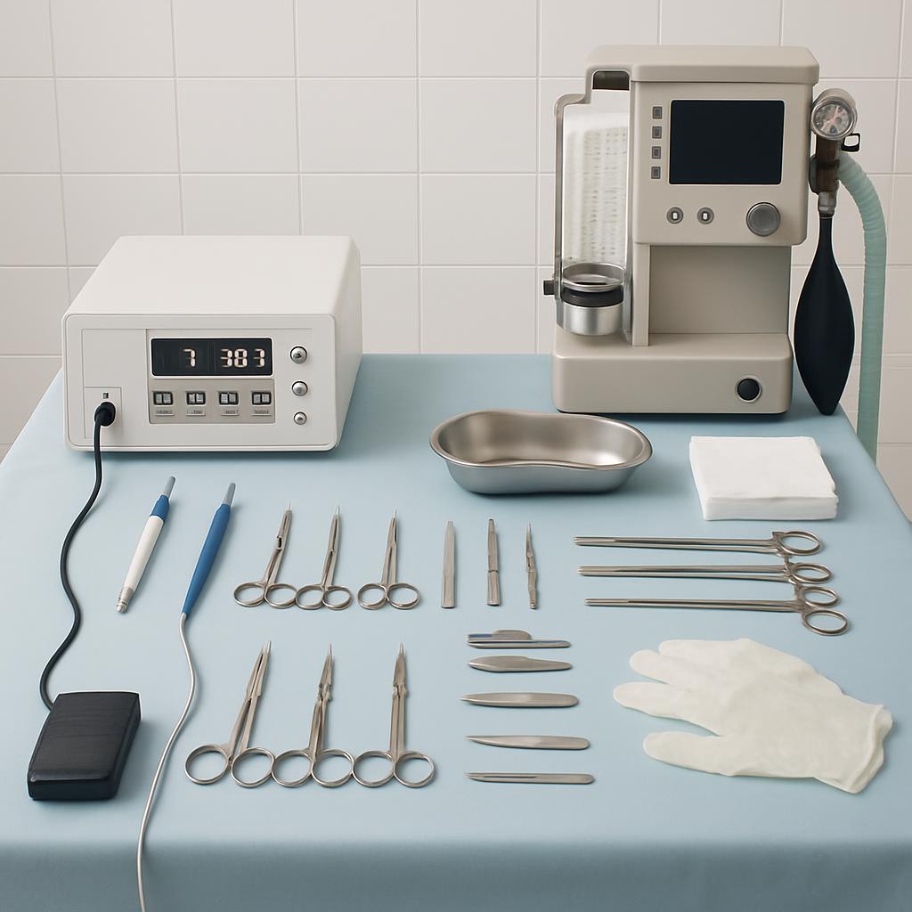 A surgical instruments setup alongside medical devices.