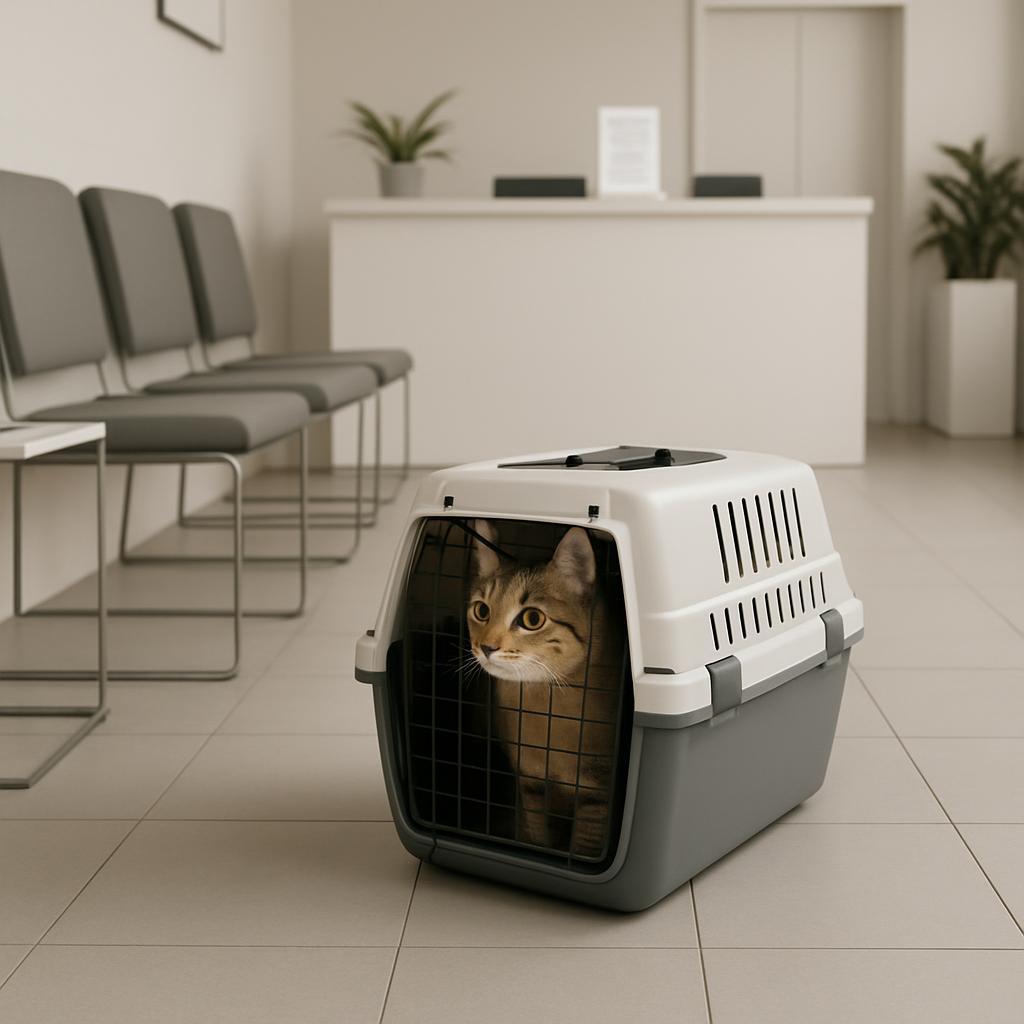 An orange tabby cat sits in a white and gray pet carrier, gazing out from the open door with large yellow eyes. The carrie...